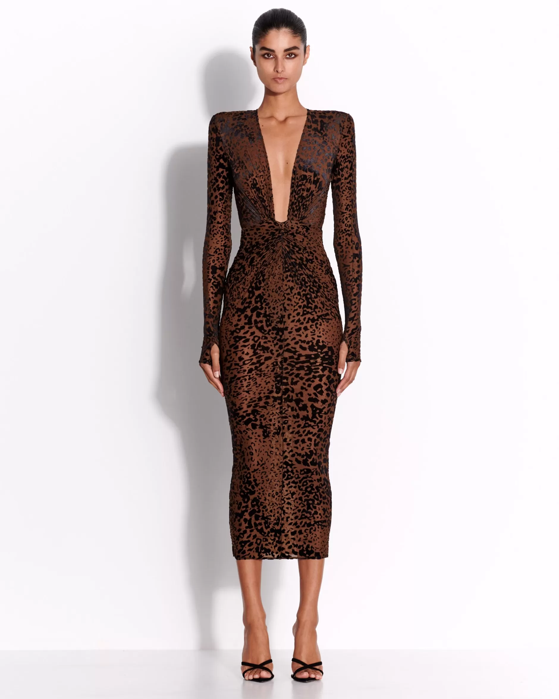 Long Sleeve V Dress in Leopard Burnout | Alex Perry Discount